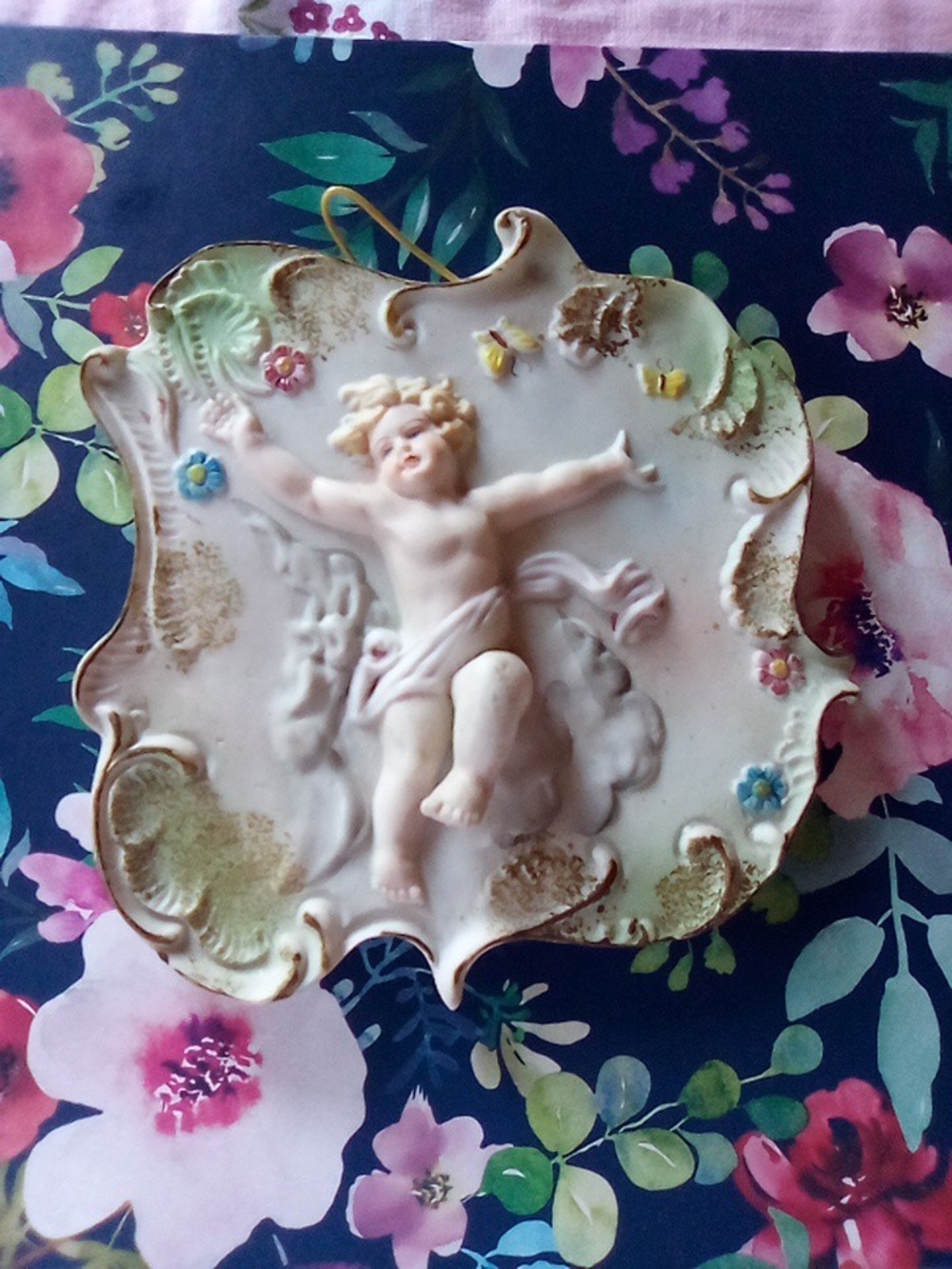 Porcelain Cherub Wall Plaque - White and Pastel Home Art